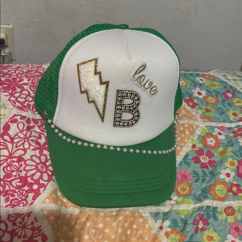 Green and White Kids Cap with Decorative Accents